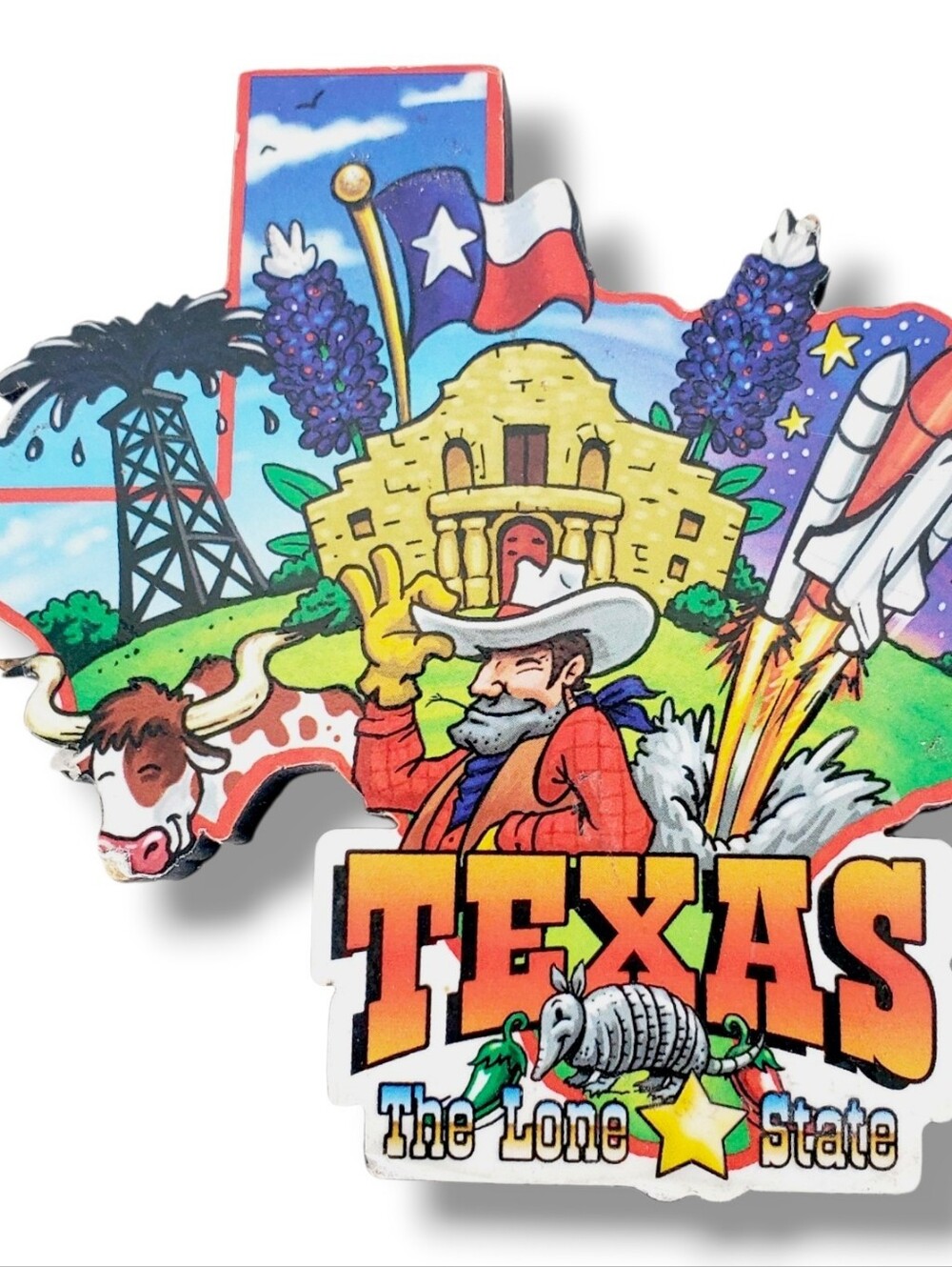 Texas Travel Souvenir Fridge Magnet 3-D Laser Cut Cartoon Cowboy Collage